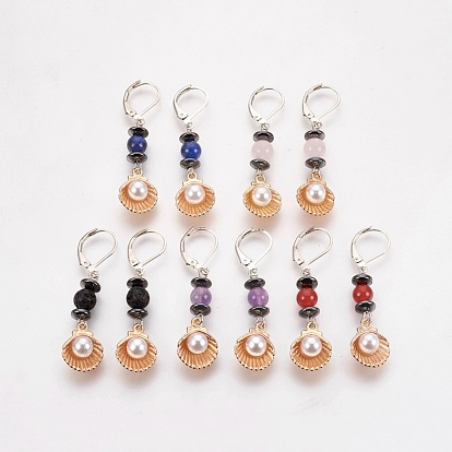 Natural Gemstone and Non-Magnetic Synthetic Hematite Leverback Earrings, with Shell Alloy Charms, Acrylic Pearl and Brass Leverback Earring Findings