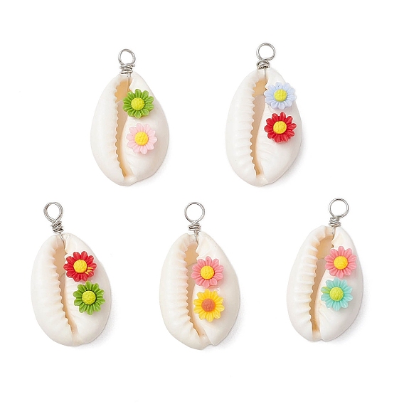 Подвески из натуральной ракушки каури и цветка из непрозрачной смолы, с петлями из медной проволоки, платина