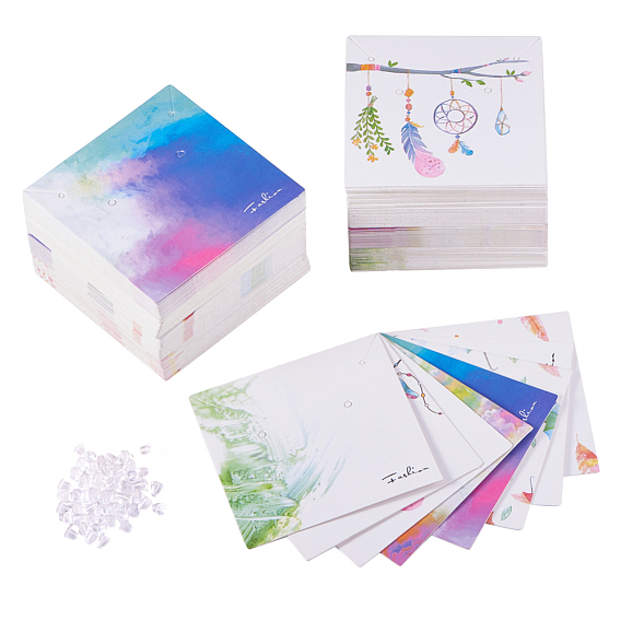 Cardboard Necklace & Earring Display Cards, with Plastic Ear Nuts, Square