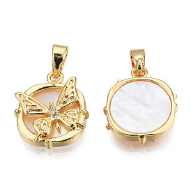 Brass Micro Pave Clear Cubic Zirconia Pendants, with Natural Shell, Real 18K Gold Plated, Nickel Free, Flat Round with Butterfly