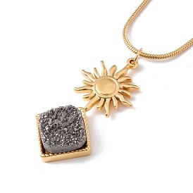 Natural Quartz Sun with Rhombus Pendant Necklace with 304 Stainless Steel Snake Chain, Druzy Gemstone Jewelry for Women, Golden