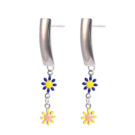 Rectangle with Flower Enamel Long Dangle Stud Earrings, Stainless Steel Color Plated 304 Stainless Steel Jewelry for Women