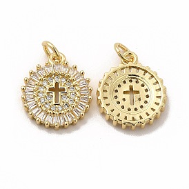 Rack Plating Brass Cubic Zirconia Pendants, with Jump Ring, Cadmium Free & Lead Free, Real 18K Gold Plated, Long-Lasting Plated, Flat Round with Religion Cross Charm