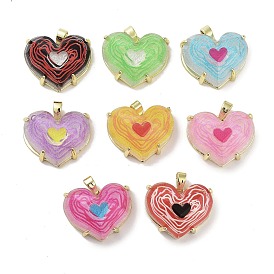 Real 18K Gold Plated Brass Pave Faceted Resin Pendants, Glitter Heart Charms, Long-Lasting Plated, Cadmium Free & Lead Free