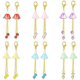 14 piezas 7 estilos de flores de vidrio con decoraciones colgantes de cadenas retorcidas de latón, con broches de langosta de la aleación de la garra, dorado