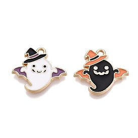 Halloween Theme Rack Plating Alloy Enamel Pendants, Golden, Ghost with Hat Charm