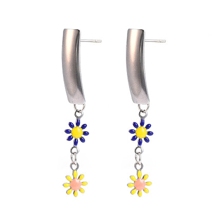 Rectangle with Flower Enamel Long Dangle Stud Earrings, Stainless Steel Color Plated 304 Stainless Steel Jewelry for Women