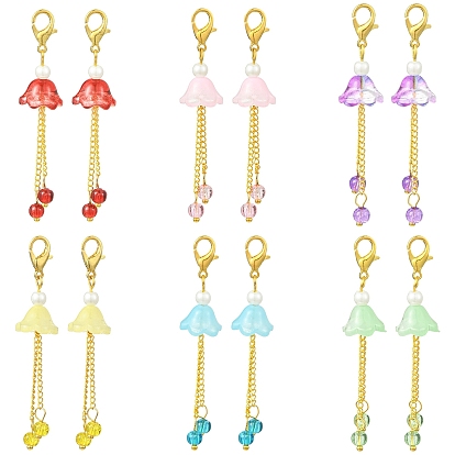 14 piezas 7 estilos de flores de vidrio con decoraciones colgantes de cadenas retorcidas de latón, con broches de langosta de la aleación de la garra, dorado