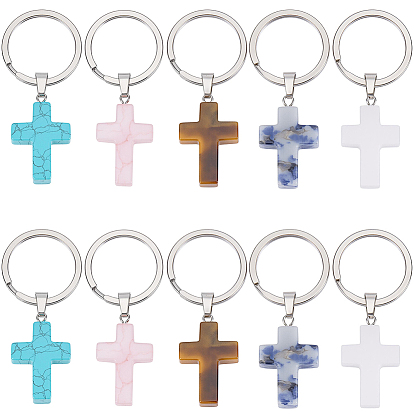 10шт 5 стили брелки с драгоценными камнями, с 304 кольцами для ключей из нержавеющей стали, крестик