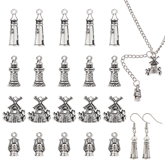 64Pcs 4 Style Tibetan Style Alloy Pendants, Mix-shaped
