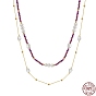 Natural Lepidolite & Pearl Beaded Double Layer Necklaces, with 925 Sterling Silver Chains