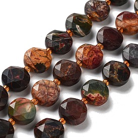Natural Polychrome Jasper/Picasso Stone/Picasso Jasper Beads Strands, with Seed Beads, Faceted Hexagonal Cut, Flat Round