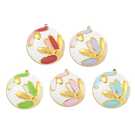 Ion Plating(IP) 304 Stainless Steel Pendants, with Enamel, Real 18K Gold Plated, Half Round with Flower Charm