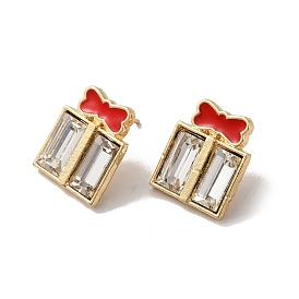 Christmas Enamel Bowknot Gift Box Alloy Glass Stud Earrings for Women, with 304 Stainless Steel Pin, Cadmium Free & Nickel Free & Lead Free