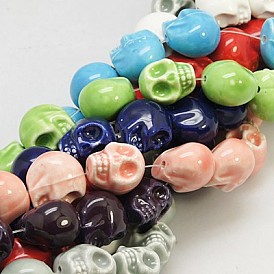 Handmade Porcelain Beads Strands, Bright Glazed Style, Skull, Halloween, 13x11x13mm, Hole: 1mm