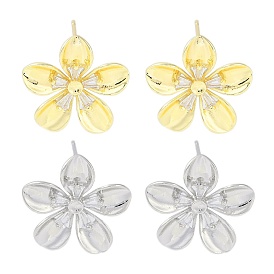 Brass Pave Clear Cubic Zirconia Stud Earring Findings, with Loop, Flower