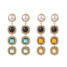 Glass Rectangle Beaded Long Dangle Stud Earrings with Imitation Pearl, Gold Plated Brass Bohemia Jewelry for Women
