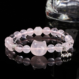 8mm Round & Cat Head Natural Rose Quartz Beaded Stretch Bracelets for Women