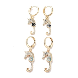 Real 18K Gold Plated Brass Dangle Leverback Earrings, with Cubic Zirconia, Sea Horse