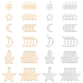SUNNYCLUE 60Pcs 6 Styles 2 Colors 304 Stainless Steel Charms, Laser Cut, Moon & Star