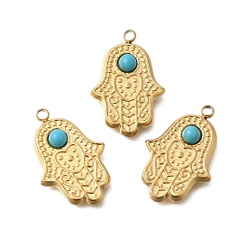 Vacuum Plating 201 Stainless Steel Pendants, with Natural Turquoise, Hamsa Hand