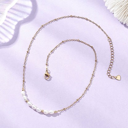 Подвеска из натурального жемчуга и рисовых бусин 304 Женские ожерелья из нержавеющей стали с цепочкой-спутником, белые