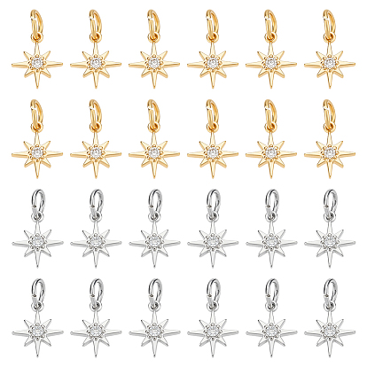 24шт 2 цвета латунные кубические циркониевые подвески, звезда, с 304 кольцами из нержавеющей стали
