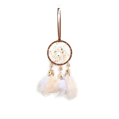 Iron Mixed Gemstone Woven Web/Net with Feather Hanging Ornaments, Covered with Cotton Lace and Villus Cord