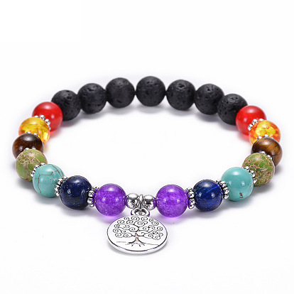 Colorful Stone Beaded Bracelet with Tree of Life Lotus OM Charm and Lava Rock