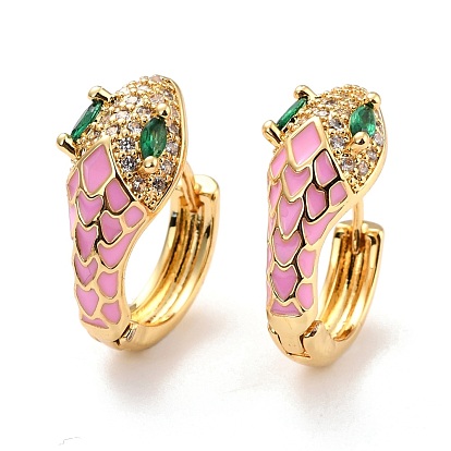 Bling Cubic Zirconia Snake Hoop Earrings, Brass Enamel Hinged Earrings for Women, Golden