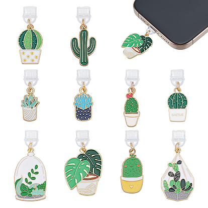 10шт 10 стили ПВХ мобильные пылезащитные заглушки, с подвесками из эмали и сплава , горшок и кактус, золотые