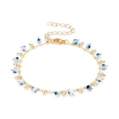 Evil Eye Chain Bracelets, with Brass Curb Chains and 304 Stainless Steel Lobster Claw Clasps