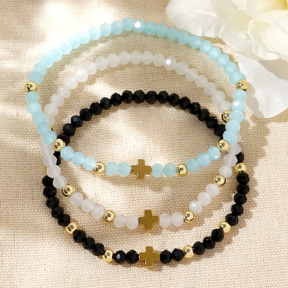 Эластичные браслеты из стеклянных и латунных бусин для женщин, круглые, золотые