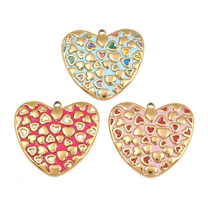 304 Stainless Steel Enamel Pendants, Heart Charms, Ion Plating(IP), Real 18K Gold Plated