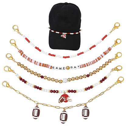 5 Chaînes de chapeau en acrylique et pâte polymère heishi faites à la main sur le thème du baseball, 304 Chaînes de chapeau à breloques en acier inoxydable et alliage émaillé