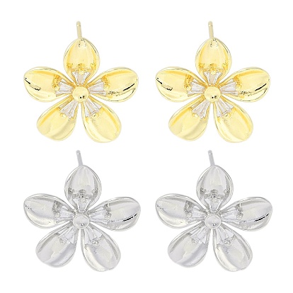 Фурнитура для серег-гвоздиков из латуни с паве из прозрачного кубического циркония, без кадмия, без никеля и без свинца, с петлей, цветок