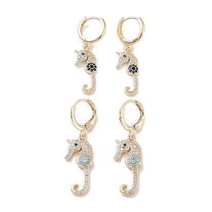 Golden Brass Dangle Leverback Earrings, with Cubic Zirconia, Sea Horse