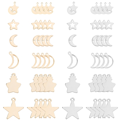 60 piezas 6 estilos 2 colores 304 dijes de acero inoxidable, Corte con laser, la luna y las estrellas