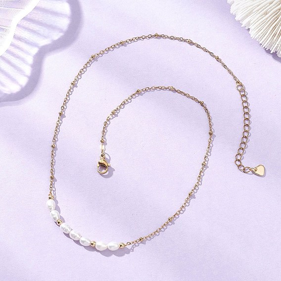 Подвеска из натурального жемчуга и рисовых бусин 304 Женские ожерелья из нержавеющей стали с цепочкой-спутником, белые