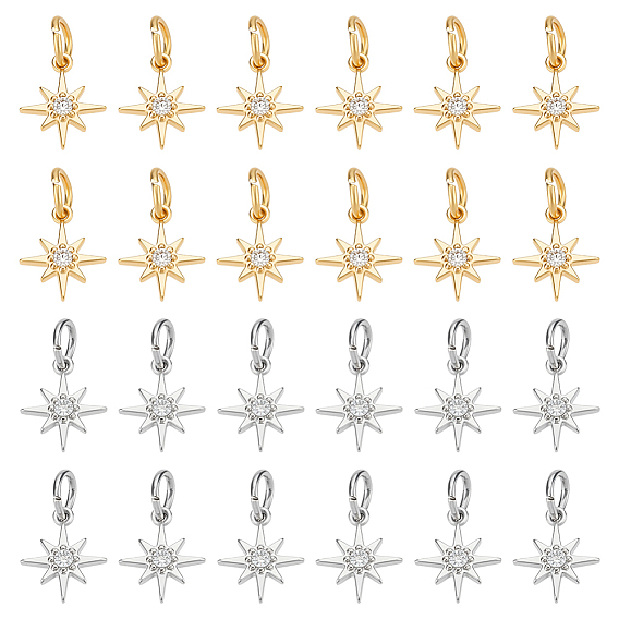 24шт 2 цвета латунные кубические циркониевые подвески, звезда, с 304 кольцами из нержавеющей стали