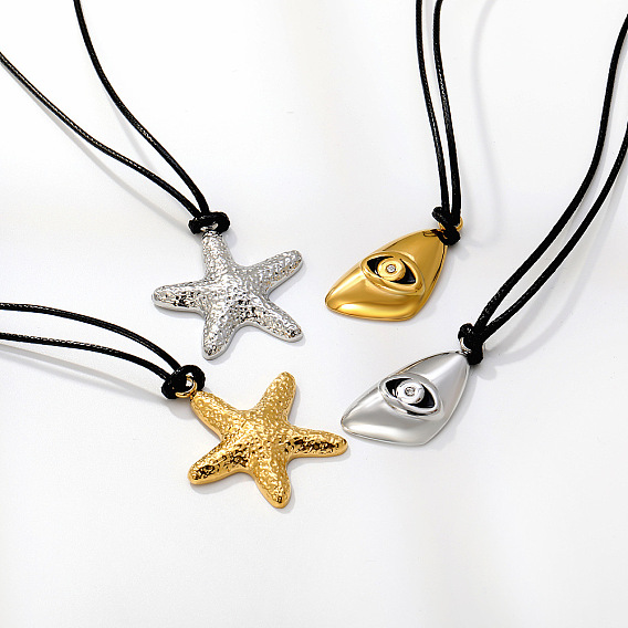 304 Collares ajustables con colgante triangular de estrella de mar de acero inoxidable y cordón negro