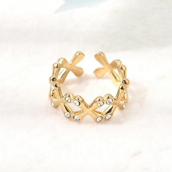 304 Stainless Steel Rhinestone Cuff Open Rings for Women, Cross, Ion Plating(IP)