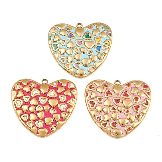 304 Stainless Steel Enamel Pendants, Heart Charms, Ion Plating(IP), Real 18K Gold Plated