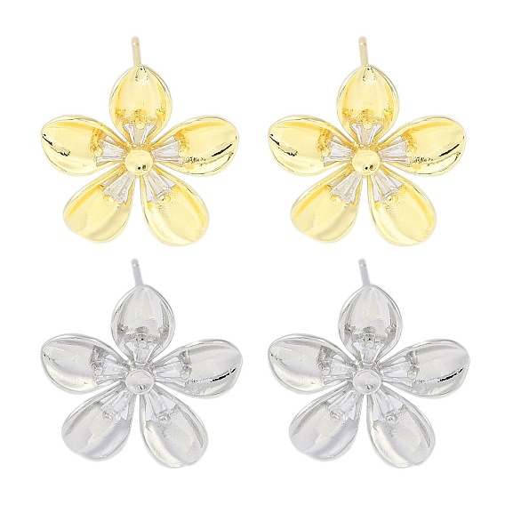 Фурнитура для серег-гвоздиков из латуни с паве из прозрачного кубического циркония, без кадмия, без никеля и без свинца, с петлей, цветок