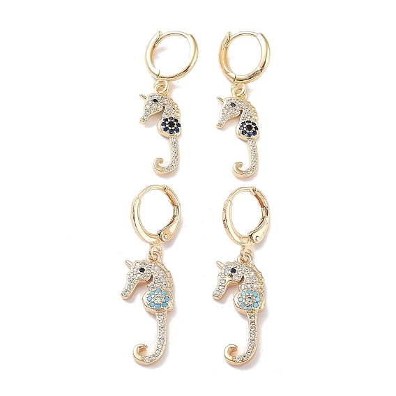 Boucles d'oreilles pendantes à fermoir à levier en laiton doré, avec zircons, cheval de mer