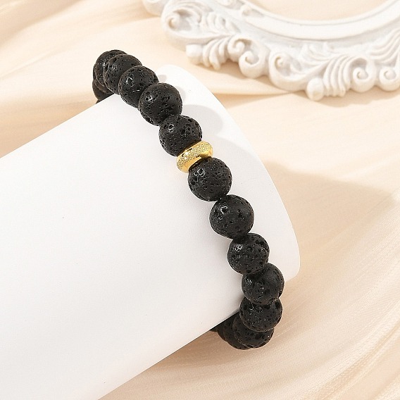 8.5MM Natural Lava Rock Round Beaded Stretch Bracelets for Women, Golden