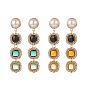Glass Rectangle Beaded Long Dangle Stud Earrings with Imitation Pearl, Gold Plated Brass Bohemia Jewelry for Women