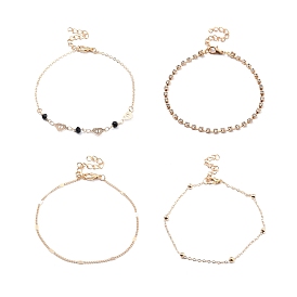 4Pcs 4 Style Alloy Chain Anklets Set with Heart, Clear Cubic Zirconia Tennis Anklets for Women