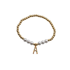 Copper Zircon Quartz Letter Jewelry Bracelet DIY with European and American Copper Beads Pearl Chain Handmade Bracelet