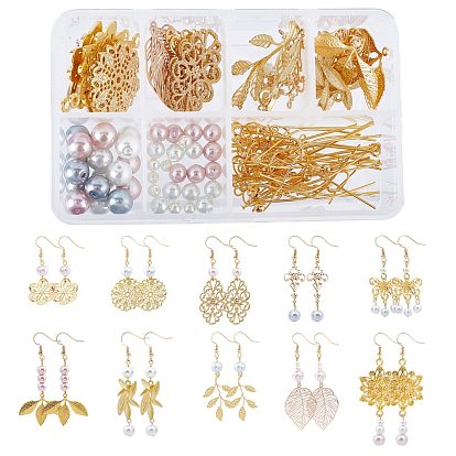 DIY Earring Making Kits, Including Brass & Iron Filigree Joiners Links, Brass Pendants & Earring Hooks, Glass Pearl Beads